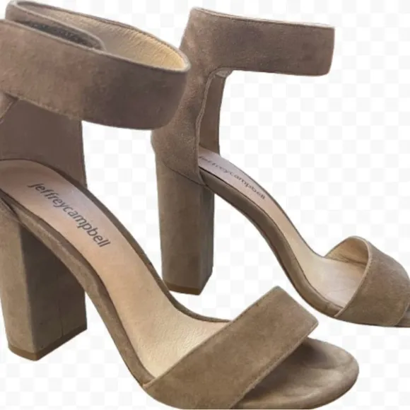 Jeffrey Campbell Lindsay Elegant Tan Block Heel Suede Ankle Strap Sandals Size 5