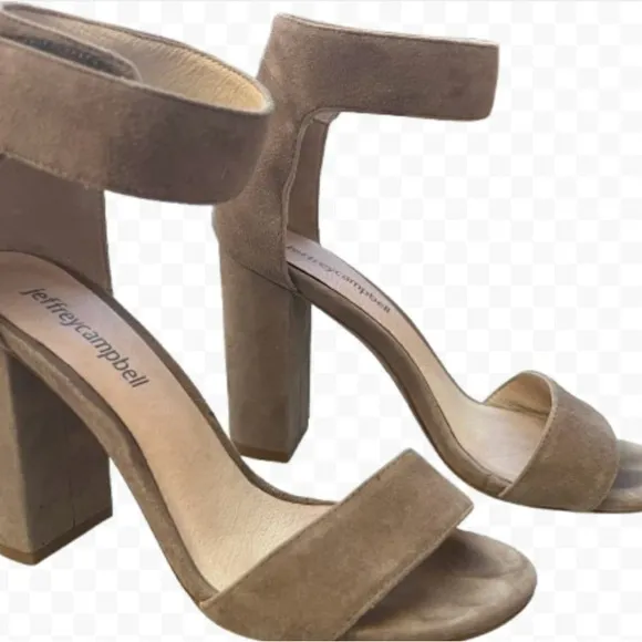 Jeffrey Campbell Lindsay Elegant Tan Block Heel Suede Ankle Strap Sandals Size 5