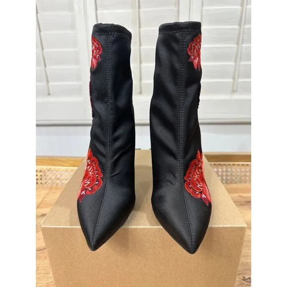 Jessica Simpson Pelanna Black Ankle Booties Embroidered Red Flowers Size 7 NWOB