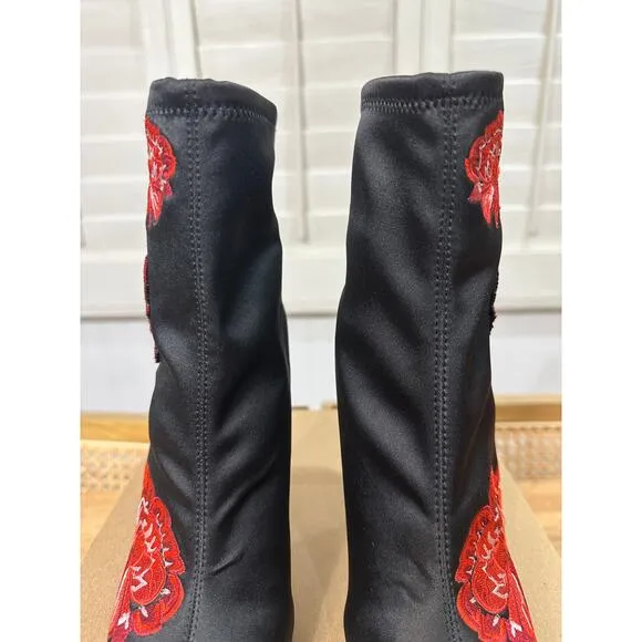 Jessica Simpson Pelanna Black Ankle Booties Embroidered Red Flowers Size 7 NWOB