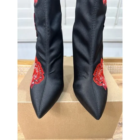 Jessica Simpson Pelanna Black Ankle Booties Embroidered Red Flowers Size 7 NWOB