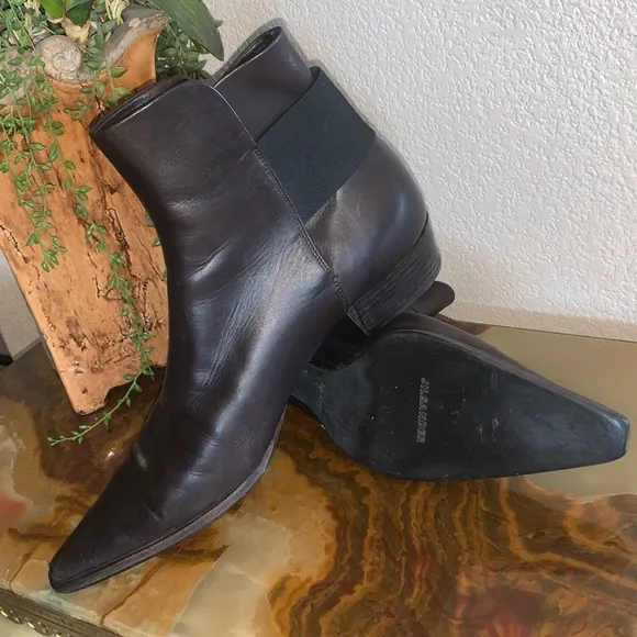 JIL SANDER brown leather ankle boots, split ankle, wide elastic @ back. 39.5 EUC