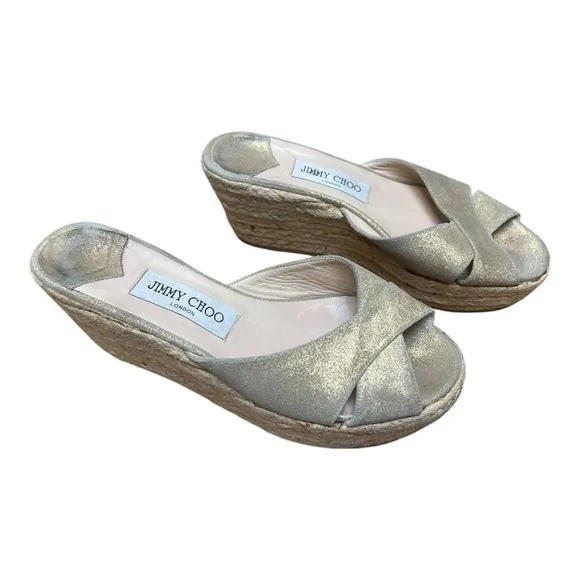 Jimmy Choo Paisley Crisscross Espadrille Wedge Sandals in Gold Shimmer Size 39