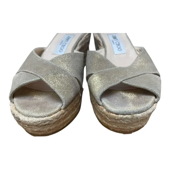 Jimmy Choo Paisley Crisscross Espadrille Wedge Sandals in Gold Shimmer Size 39