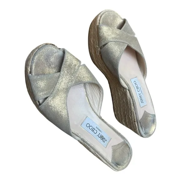 Jimmy Choo Paisley Crisscross Espadrille Wedge Sandals in Gold Shimmer Size 39