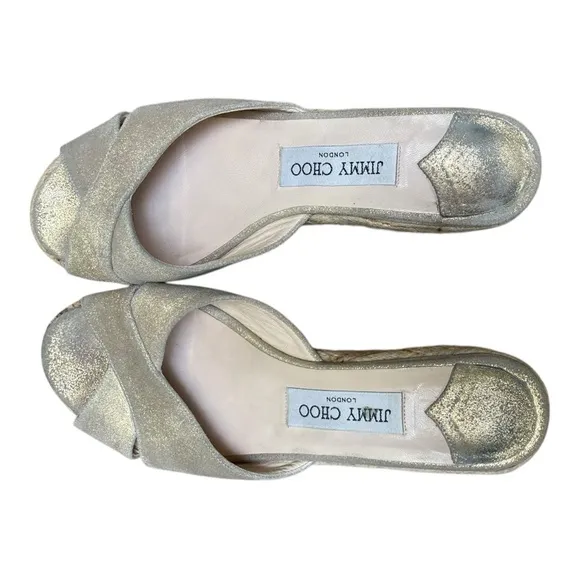 Jimmy Choo Paisley Crisscross Espadrille Wedge Sandals in Gold Shimmer Size 39