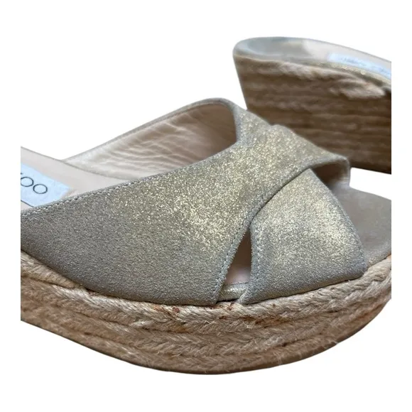 Jimmy Choo Paisley Crisscross Espadrille Wedge Sandals in Gold Shimmer Size 39