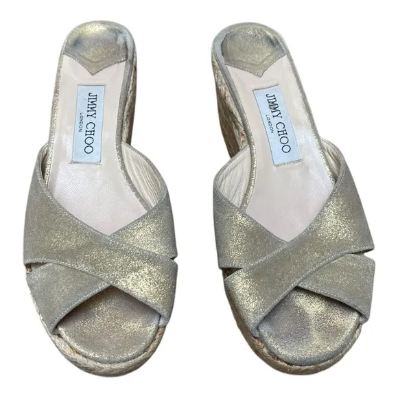 Jimmy Choo Paisley Crisscross Espadrille Wedge Sandals in Gold Shimmer Size 39
