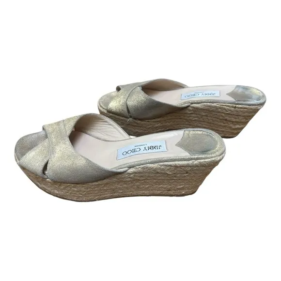 Jimmy Choo Paisley Crisscross Espadrille Wedge Sandals in Gold Shimmer Size 39
