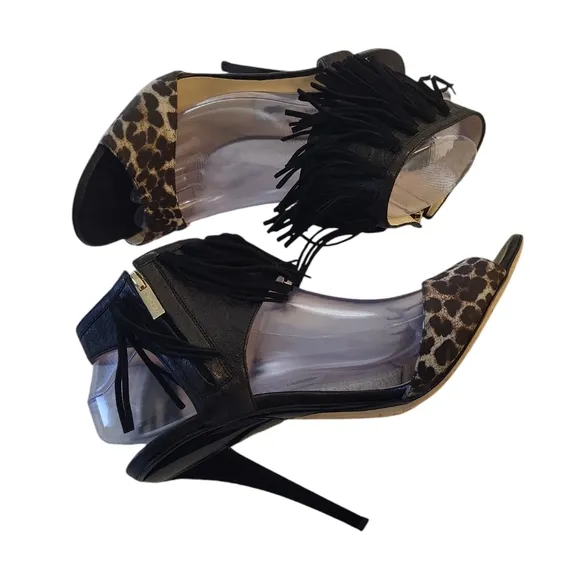 Jimmy Choo women's leopard animal print leather fringed high heels sandals US 9