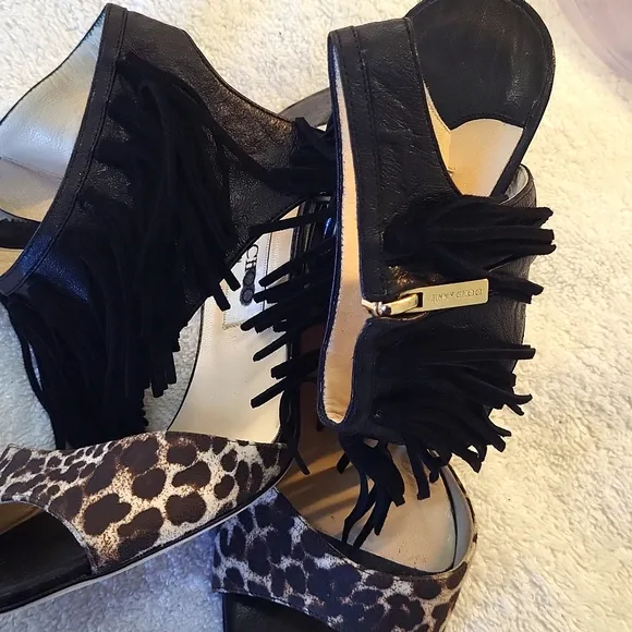 Jimmy Choo women's leopard animal print leather fringed high heels sandals US 9