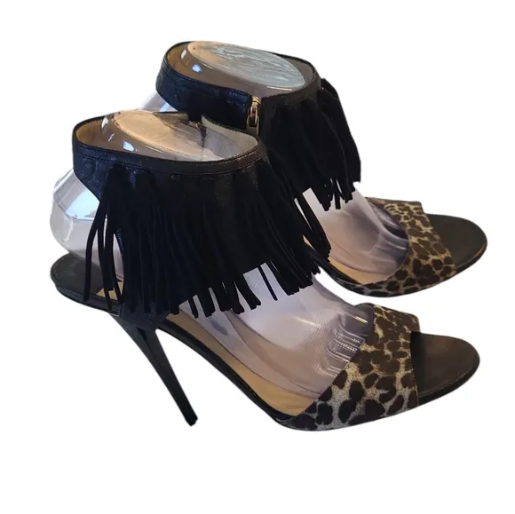 Jimmy Choo women's leopard animal print leather fringed high heels sandals US 9