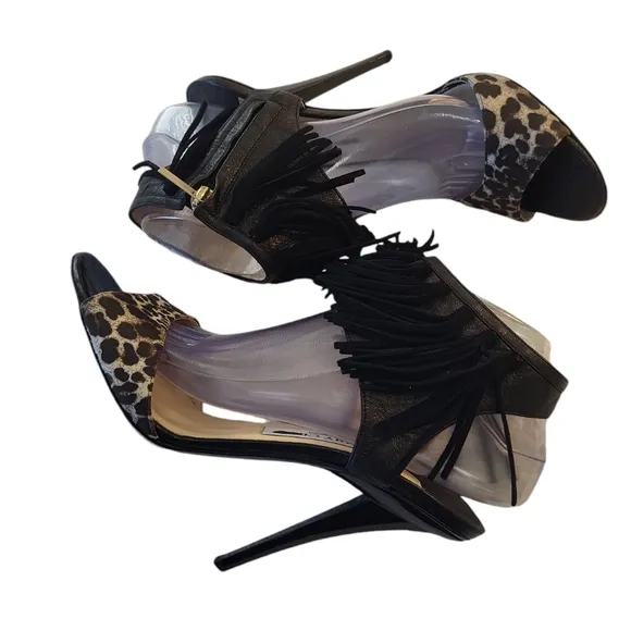 Jimmy Choo women's leopard animal print leather fringed high heels sandals US 9