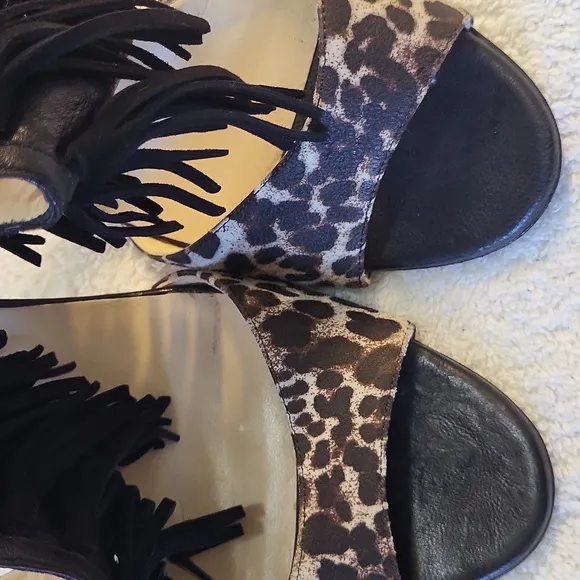 Jimmy Choo women's leopard animal print leather fringed high heels sandals US 9