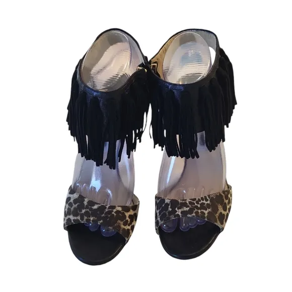Jimmy Choo women's leopard animal print leather fringed high heels sandals US 9