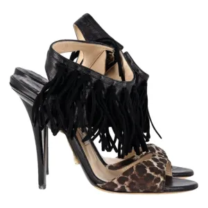 Jimmy Choo women's leopard animal print leather fringed high heels sandals US 9