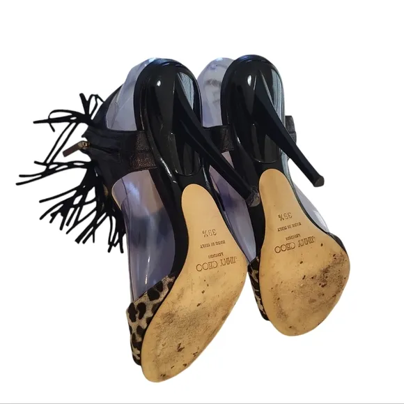 Jimmy Choo women's leopard animal print leather fringed high heels sandals US 9