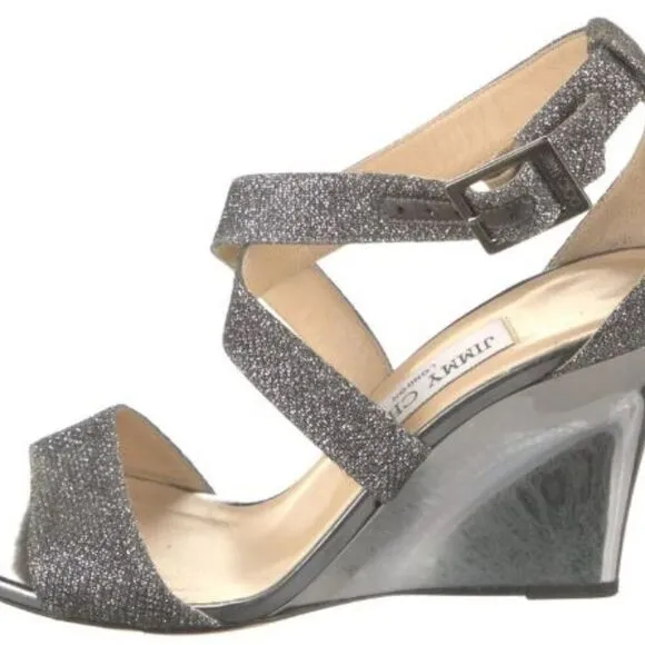 JIMMY CHOO WOMANS SHOES GREY PEWTER 6 1/2 LEATHER GLITTER SANDALS WEDGE STRAPPY
