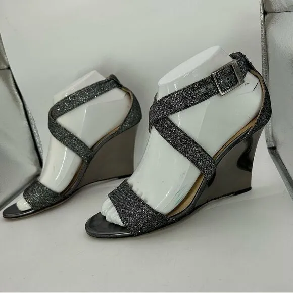 JIMMY CHOO WOMANS SHOES GREY PEWTER 6 1/2 LEATHER GLITTER SANDALS WEDGE STRAPPY