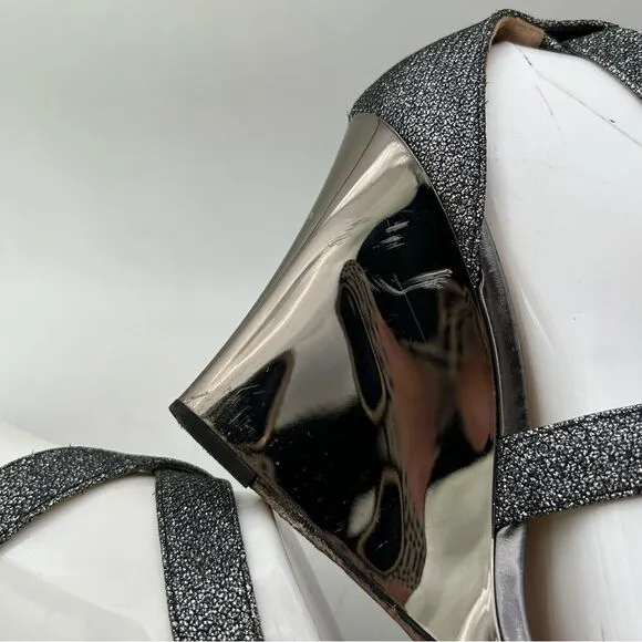 JIMMY CHOO WOMANS SHOES GREY PEWTER 6 1/2 LEATHER GLITTER SANDALS WEDGE STRAPPY