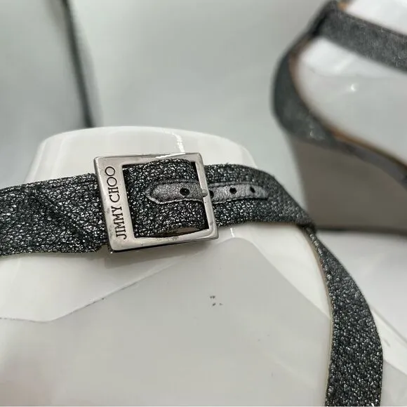 JIMMY CHOO WOMANS SHOES GREY PEWTER 6 1/2 LEATHER GLITTER SANDALS WEDGE STRAPPY