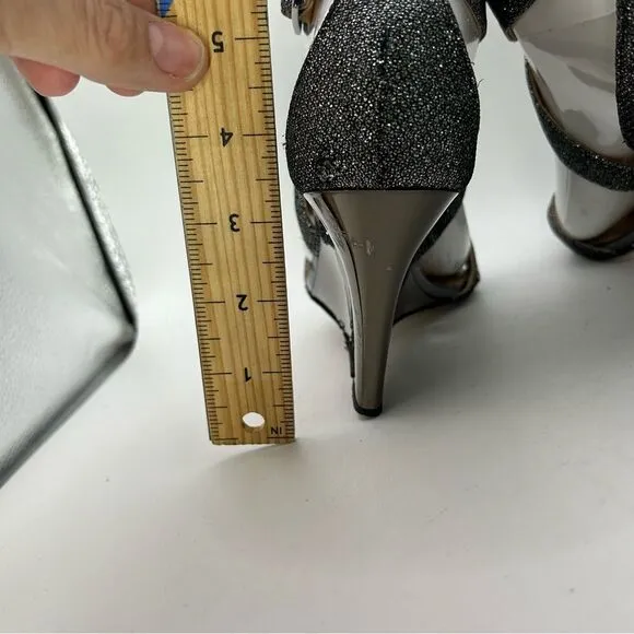 JIMMY CHOO WOMANS SHOES GREY PEWTER 6 1/2 LEATHER GLITTER SANDALS WEDGE STRAPPY