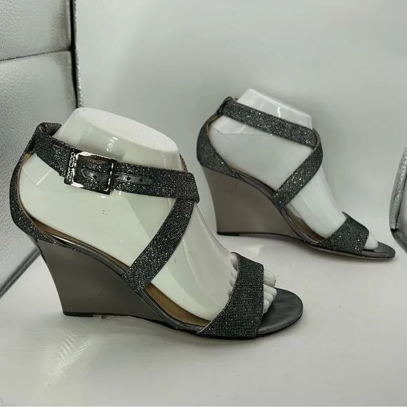 JIMMY CHOO WOMANS SHOES GREY PEWTER 6 1/2 LEATHER GLITTER SANDALS WEDGE STRAPPY