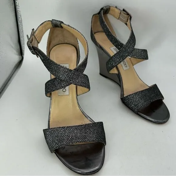 JIMMY CHOO WOMANS SHOES GREY PEWTER 6 1/2 LEATHER GLITTER SANDALS WEDGE STRAPPY