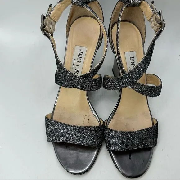 JIMMY CHOO WOMANS SHOES GREY PEWTER 6 1/2 LEATHER GLITTER SANDALS WEDGE STRAPPY