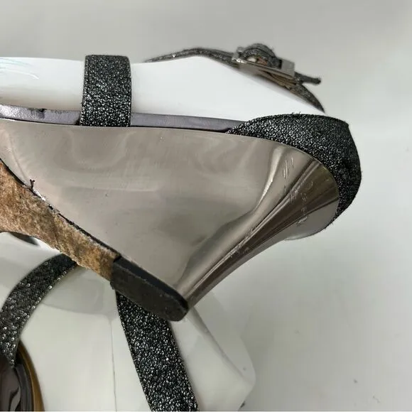 JIMMY CHOO WOMANS SHOES GREY PEWTER 6 1/2 LEATHER GLITTER SANDALS WEDGE STRAPPY