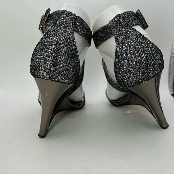 JIMMY CHOO WOMANS SHOES GREY PEWTER 6 1/2 LEATHER GLITTER SANDALS WEDGE STRAPPY