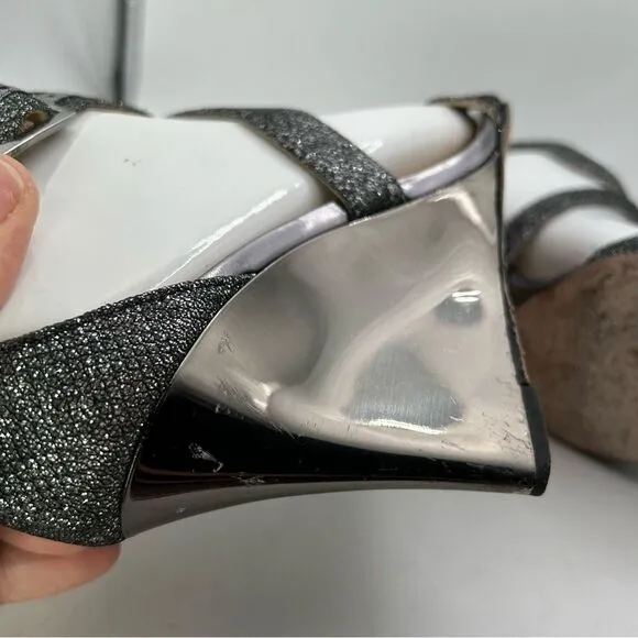 JIMMY CHOO WOMANS SHOES GREY PEWTER 6 1/2 LEATHER GLITTER SANDALS WEDGE STRAPPY