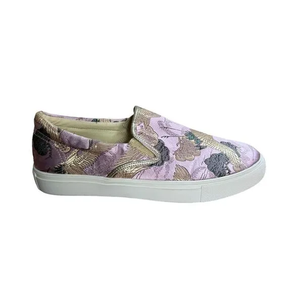 Johnny Was lilac purple satin embroidered bird slip on sneakers size 7M NEW
