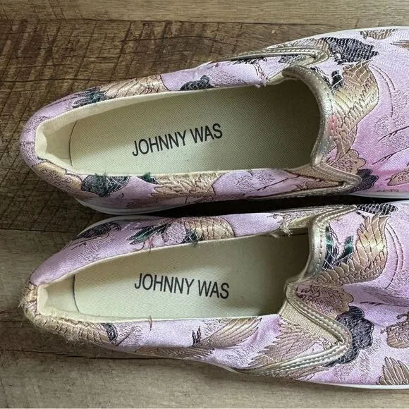 Johnny Was lilac purple satin embroidered bird slip on sneakers size 7M NEW