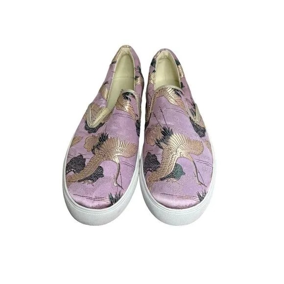 Johnny Was lilac purple satin embroidered bird slip on sneakers size 7M NEW