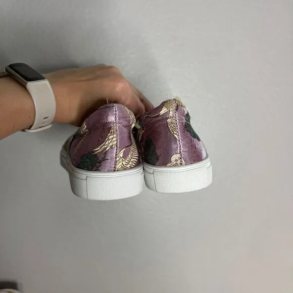 Johnny Was lilac purple satin embroidered bird slip on sneakers size 7M NEW
