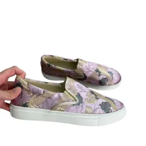 Johnny Was lilac purple satin embroidered bird slip on sneakers size 7M NEW