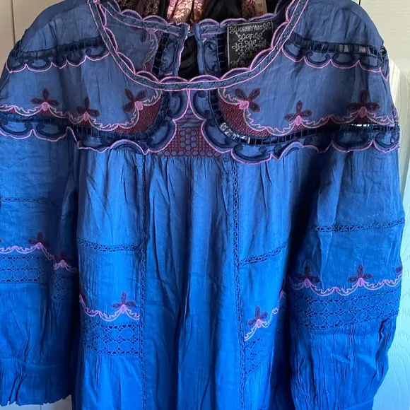 Johnny Was NWT Reina Embroidered Lined Linen Long Sleeve Tiered Dress Small