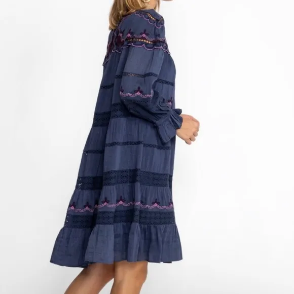Johnny Was NWT Reina Embroidered Lined Linen Long Sleeve Tiered Dress Small