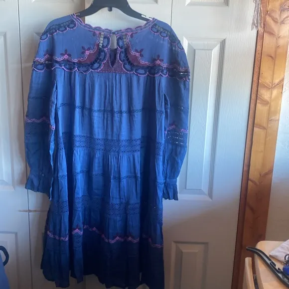 Johnny Was NWT Reina Embroidered Lined Linen Long Sleeve Tiered Dress Small