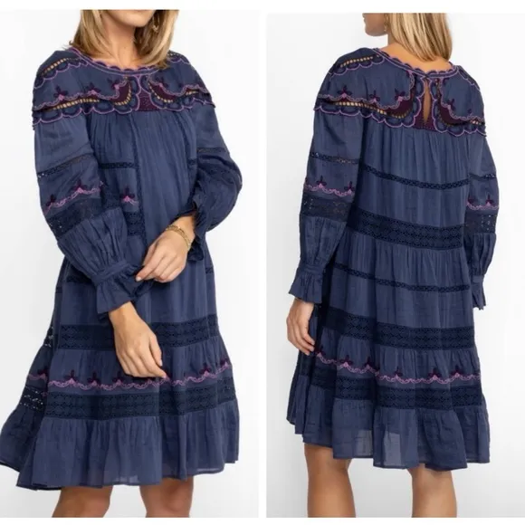Johnny Was NWT Reina Embroidered Lined Linen Long Sleeve Tiered Dress Small