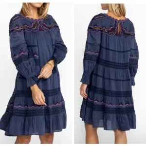 Johnny Was NWT Reina Embroidered Lined Linen Long Sleeve Tiered Dress Small