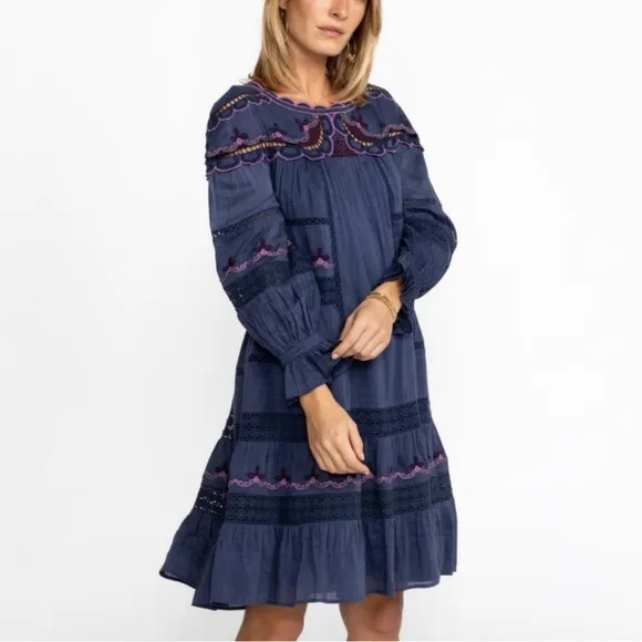 Johnny Was NWT Reina Embroidered Lined Linen Long Sleeve Tiered Dress Small