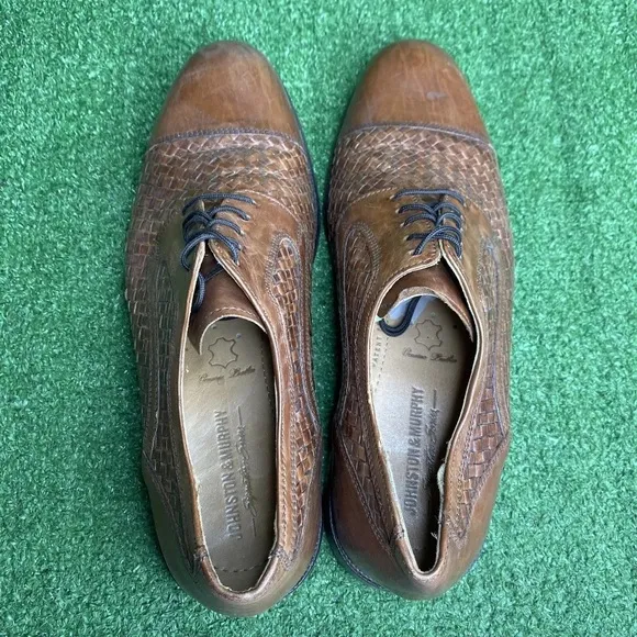 Johnston &amp; Murphy Men's Brown Basket Weave Leather Oxford Dress Shoes Size 8.5 M