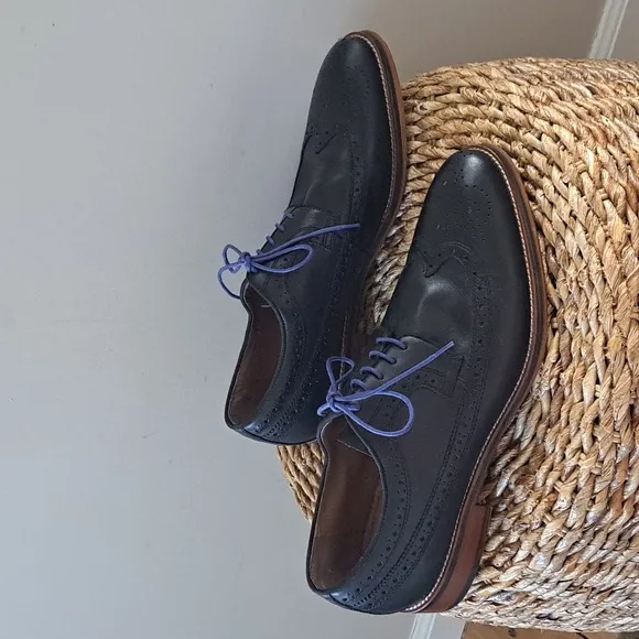 Johnston‎ &amp; Murphy Mens Navy Leather Wing Tip Oxford Dress Shoes Size 11.5