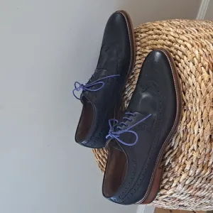 Johnston‎ &amp; Murphy Mens Navy Leather Wing Tip Oxford Dress Shoes Size 11.5