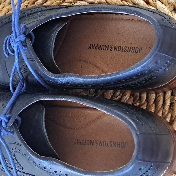 Johnston‎ &amp; Murphy Mens Navy Leather Wing Tip Oxford Dress Shoes Size 11.5