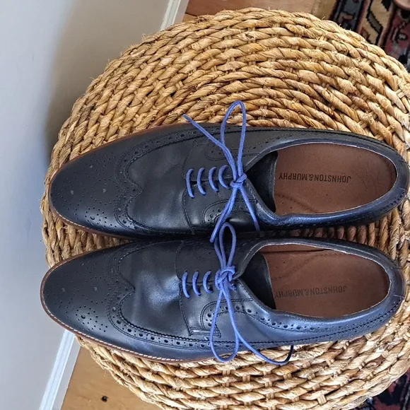 Johnston‎ &amp; Murphy Mens Navy Leather Wing Tip Oxford Dress Shoes Size 11.5