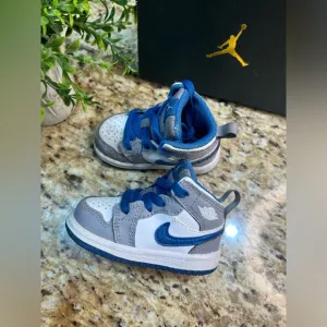 Jordan 1 Mid Toddler Sneaker Cement Grey / White-True Blue 4C