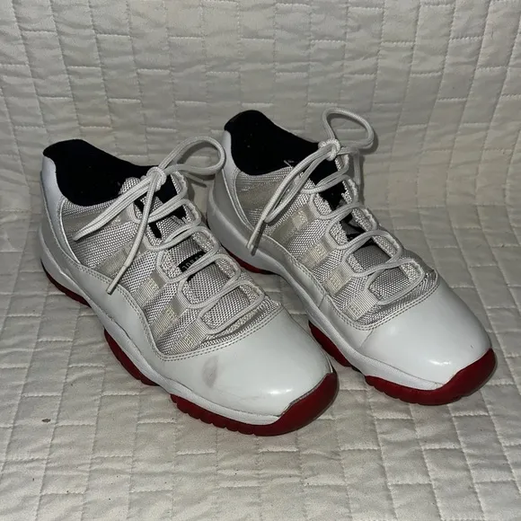 Jordan 11 XI Retro Low White.   White and Red Athletic Sneakers Kids 6.5Y